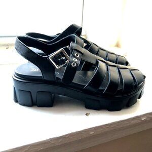 NEW Black Nappa Leather Anthropologie Silent D Freda Fisherman Sandals, size 38